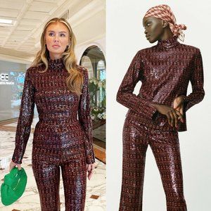 ZARA NWT High Collar Sequin Top Red Orange